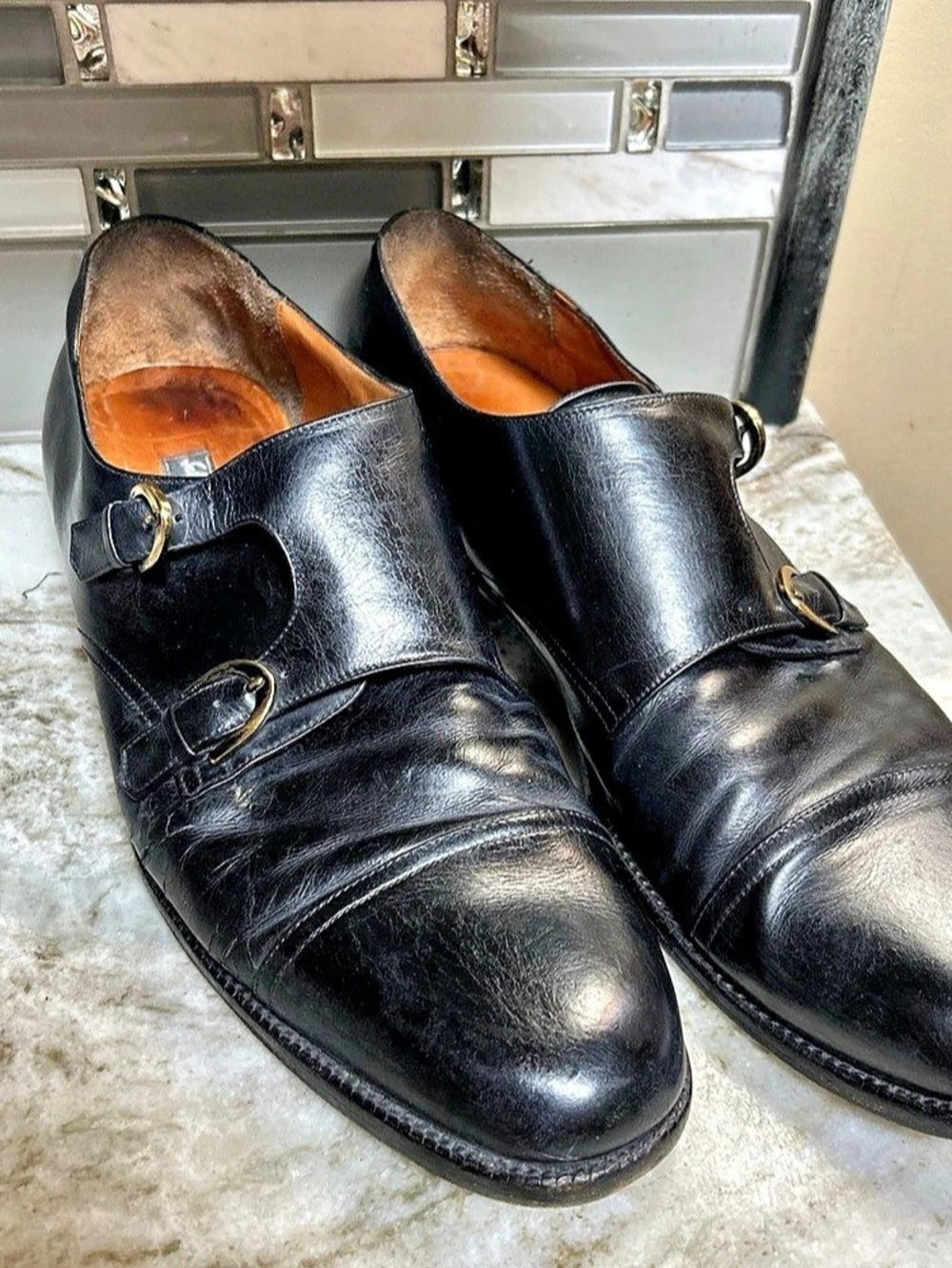 Salvatore Ferragamo Double Monk Strap Dress Shoes Black US 11 B
